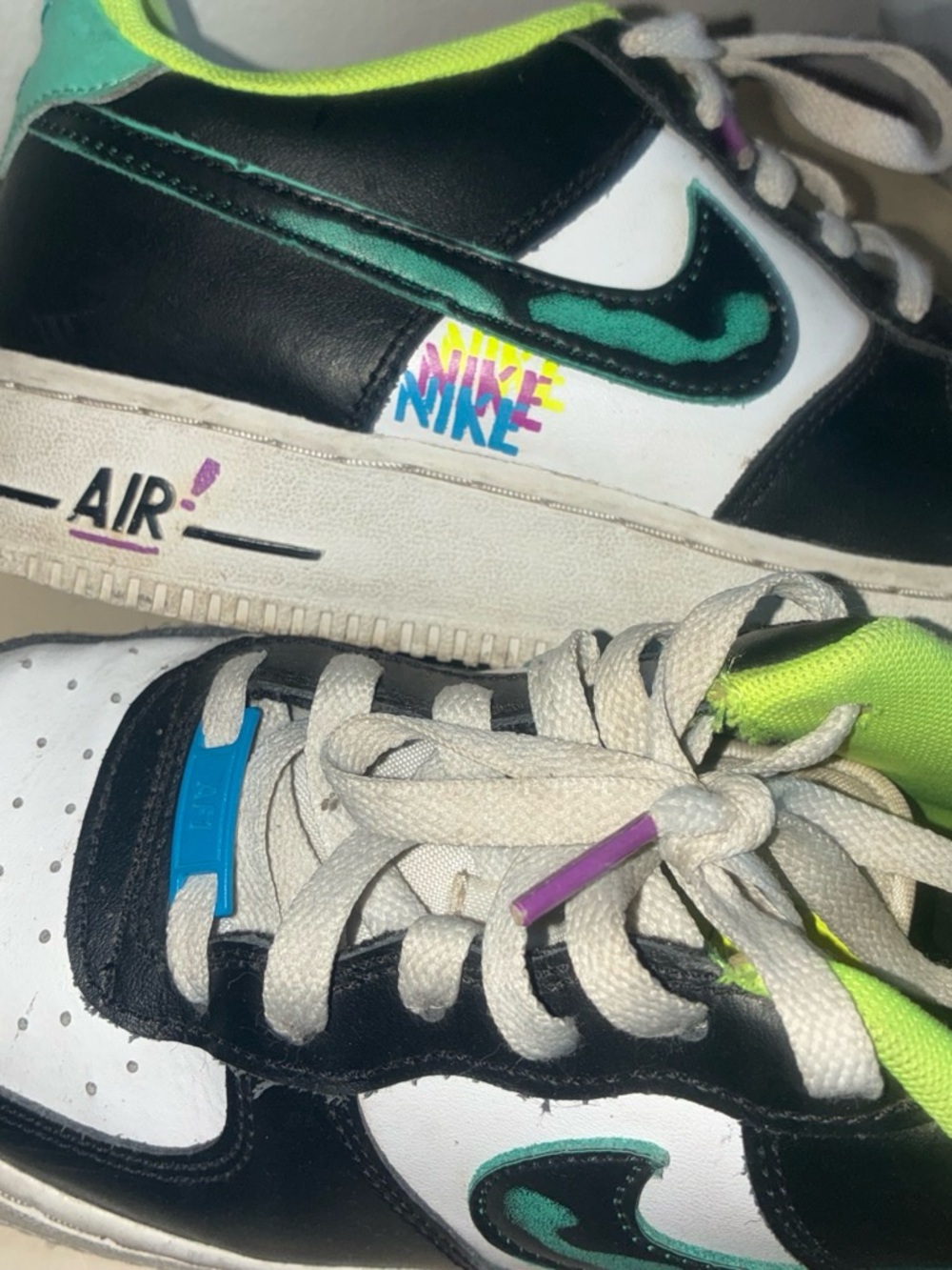 Nike Kids Black & White Sneakers with Teal and Neon Lime Accents